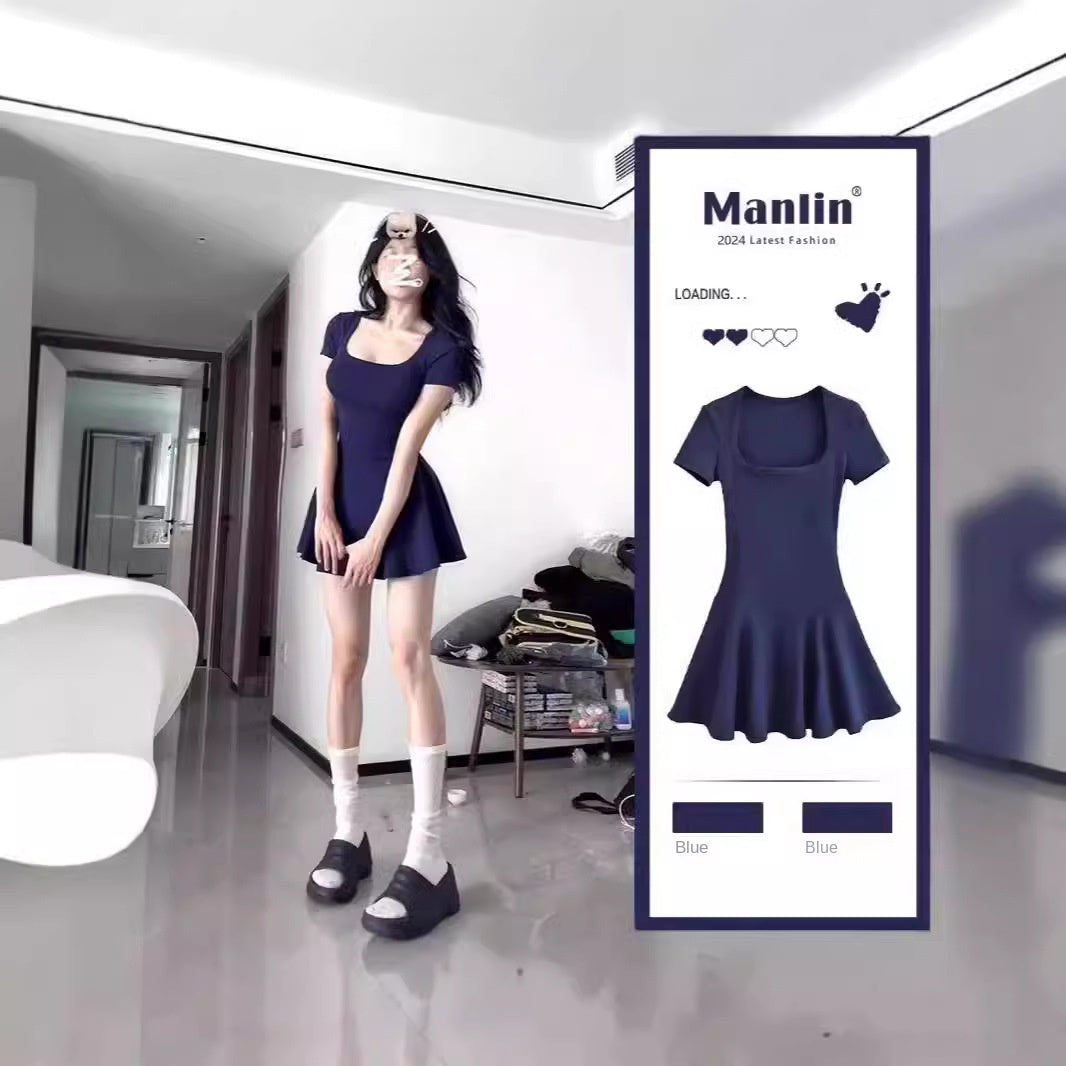 New Style Pure Desire Square Neck Short Sleeve Elegant Pure Color Dress Tight Stretch Spice Girl A- Line Short Skirt