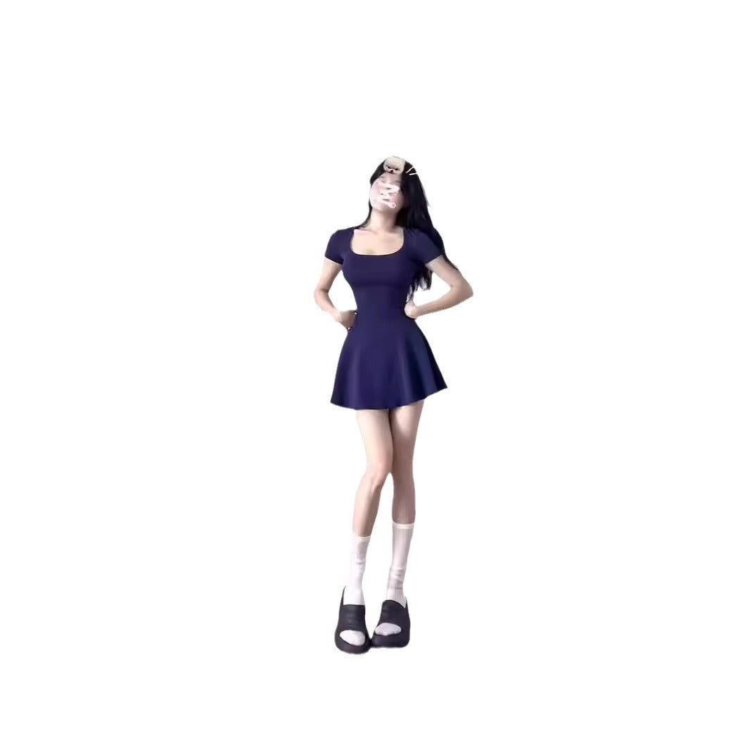 New Style Pure Desire Square Neck Short Sleeve Elegant Pure Color Dress Tight Stretch Spice Girl A- Line Short Skirt