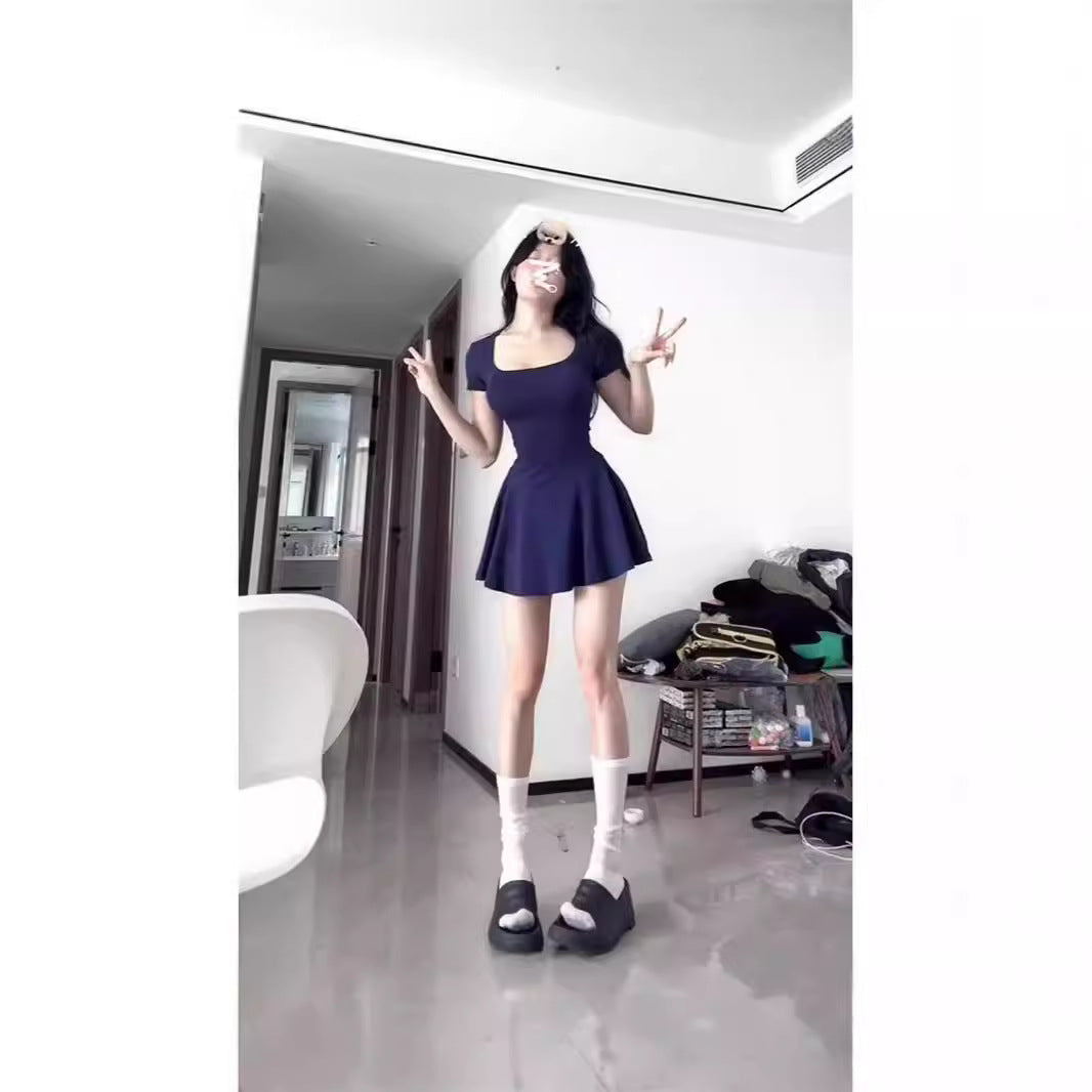 New Style Pure Desire Square Neck Short Sleeve Elegant Pure Color Dress Tight Stretch Spice Girl A- Line Short Skirt
